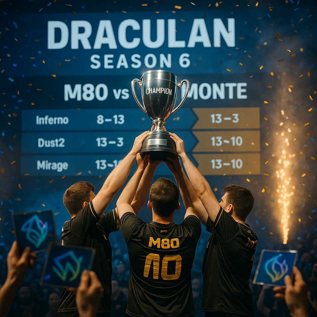 Photorealistic esports award scene at DraculaN Season 6: M80 lifting the trophy after beating